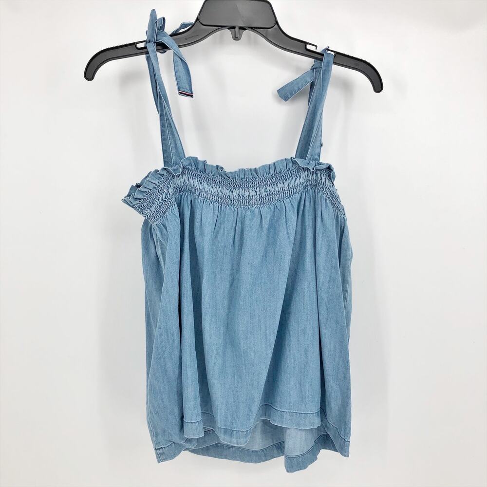Tommy Hilfiger Womens Chambray Tank Top XL Blue Shoulder Tie Ruffle Smocking NWT - Picture 6 of 12